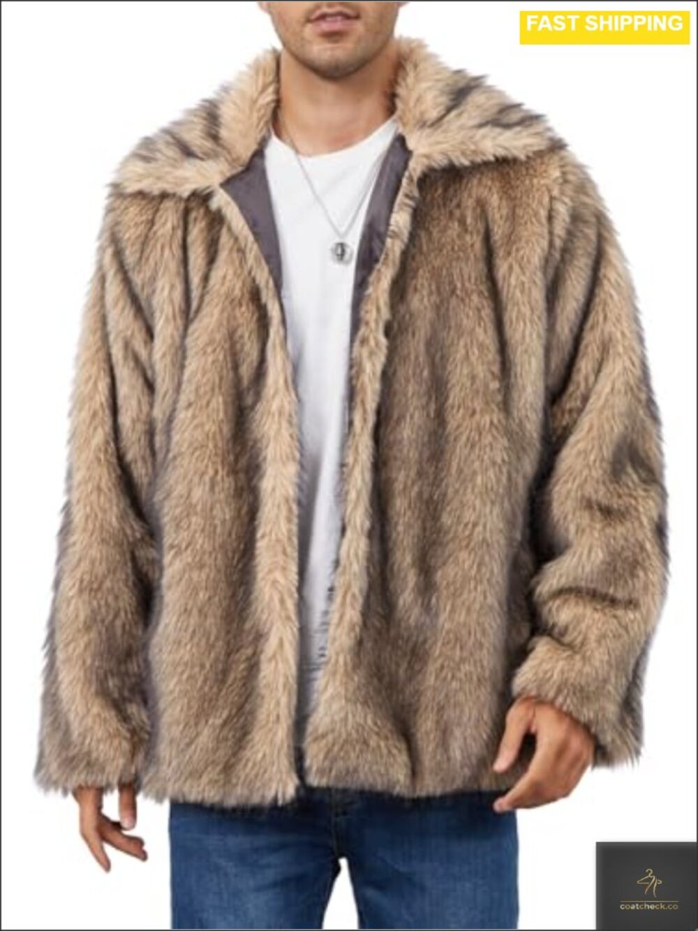 Mens Faux Fur Coat Fluffy Furry Jacket Long Sleeve Warm Winter Overcoat